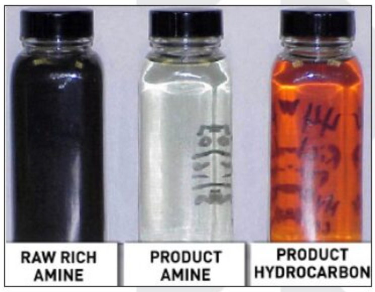 Raw rich amine versus product amine and recovered hydrocarbon samples
